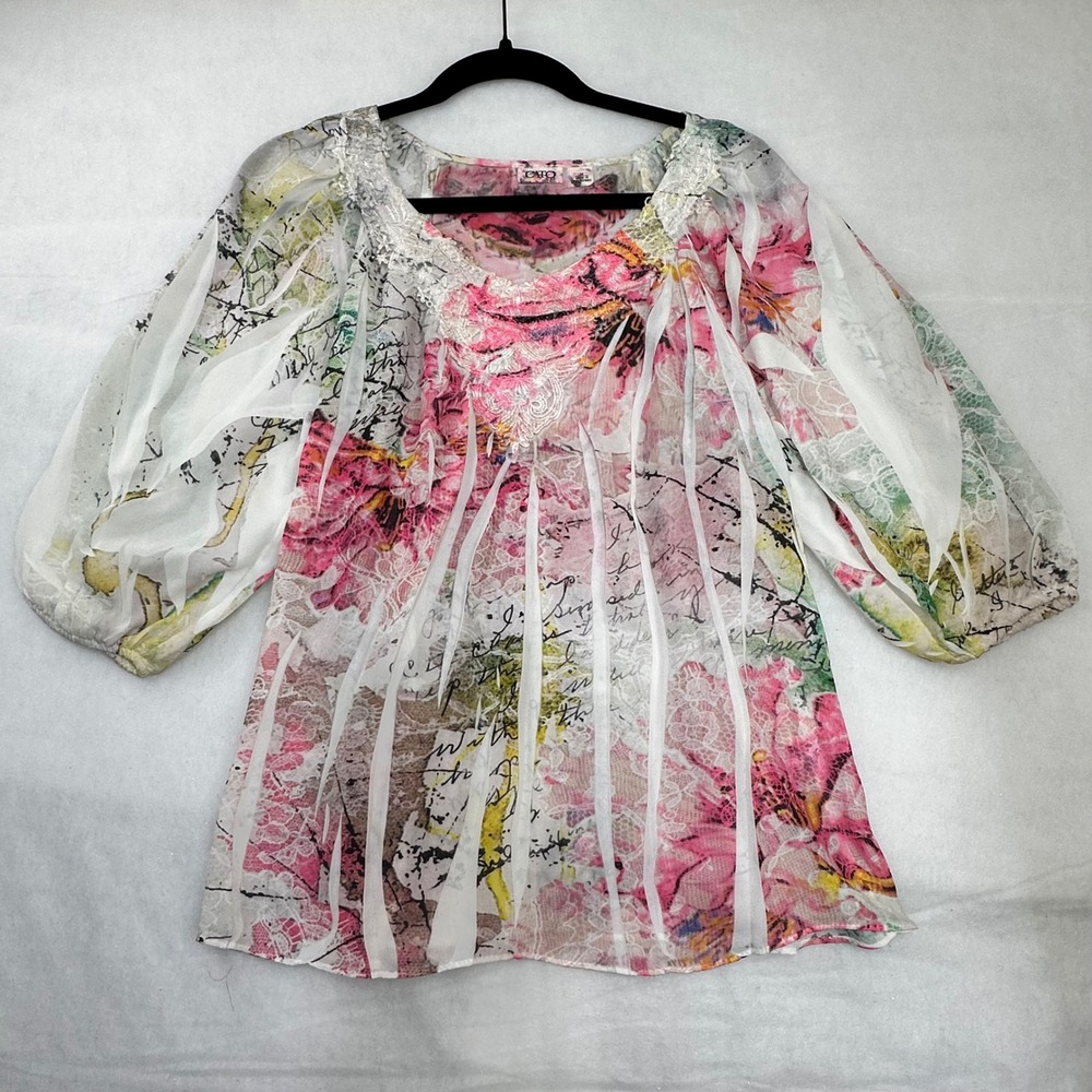 Cato Womens Floral Script Sheer Blouse Pink Green Lace V-Neck 3/4 Sleeve Medium